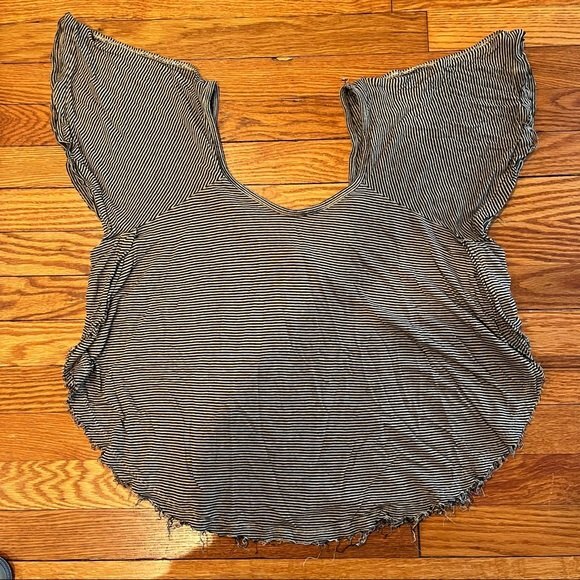 We The Free Brown Striped Slit Sleeve Split Sides Short Sleeve Top XS - Picture 8 of 10